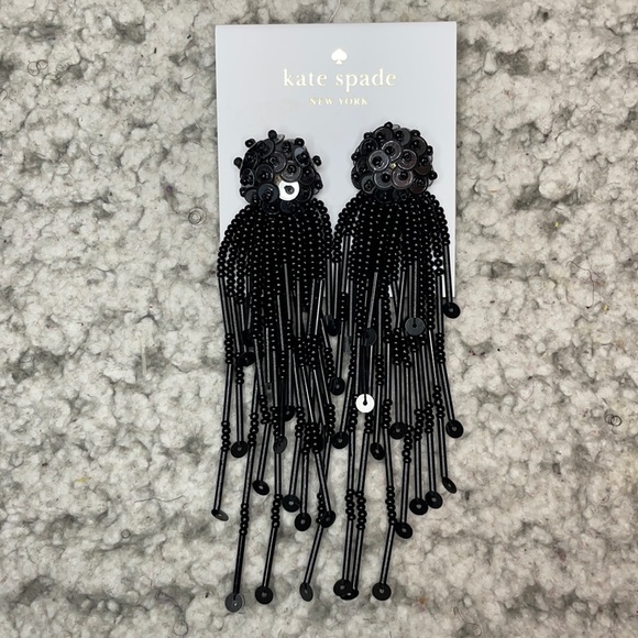 NWT Kate Spade Black Glitzville Beaded and Sequin Dangle Tassel Earrings - Picture 3 of 7